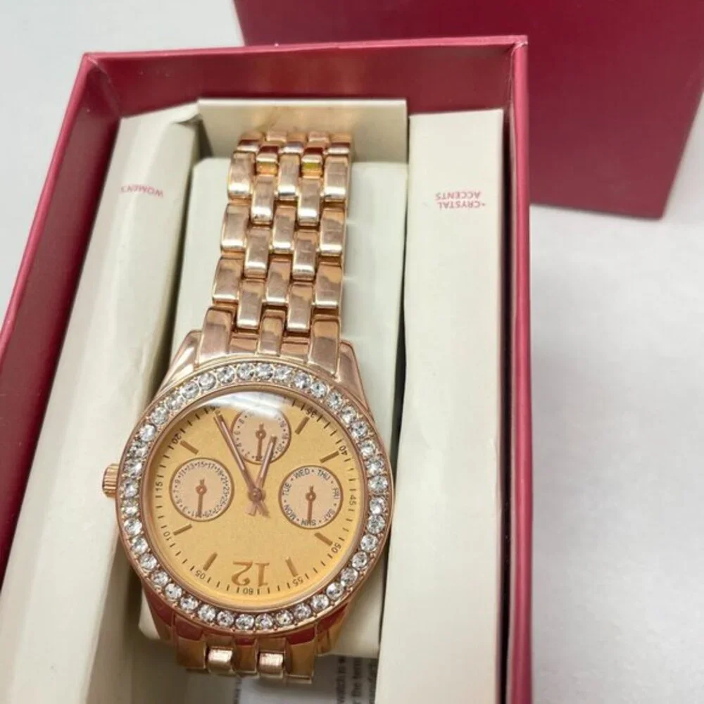 Merona Rose Gold-Tone‎ Crystal Inlay Analog Womens Watch New